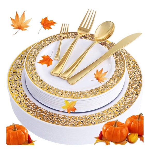 WDF 150PCS Gold Thanksgiving Plastic Plates Set Fall Plastic Plates 25 Guests - Picture 1 of 4
